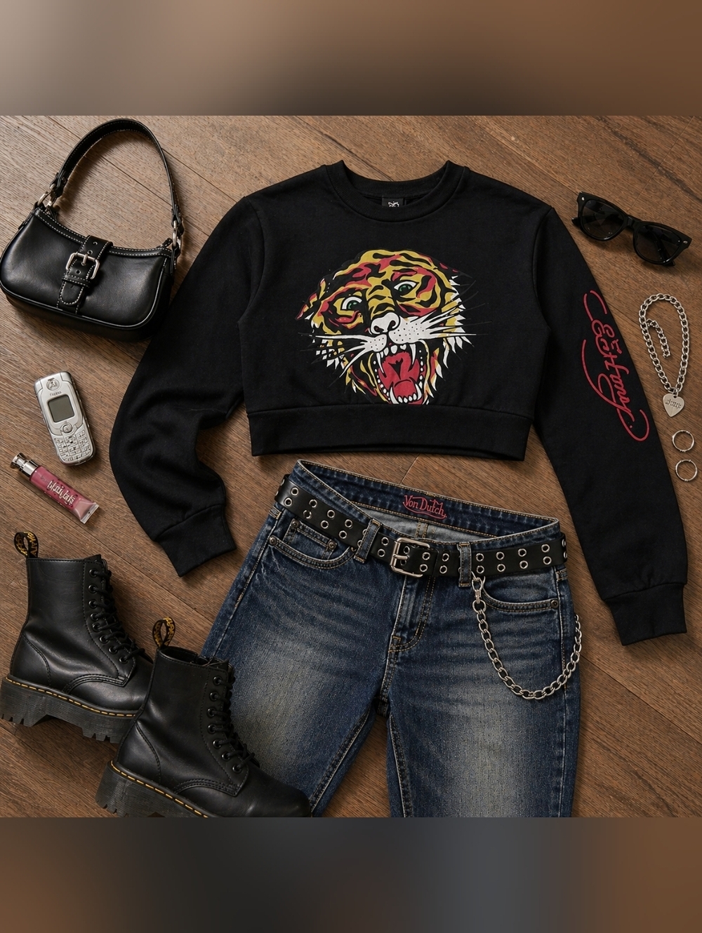 Ed Hardy Cropped Tiger Sweatshirt Y2K Tattoo Graphic Grunge Streetwear Top
